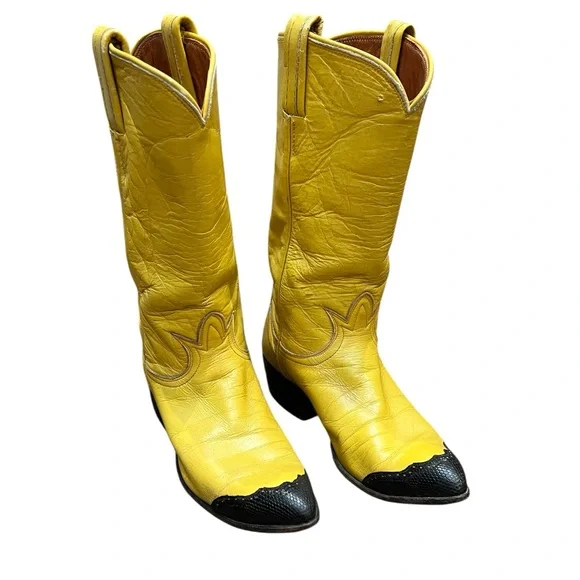 Tony Lama Vintage Yellow Western Boots with Black Toe Caps - Picture 1 of 15